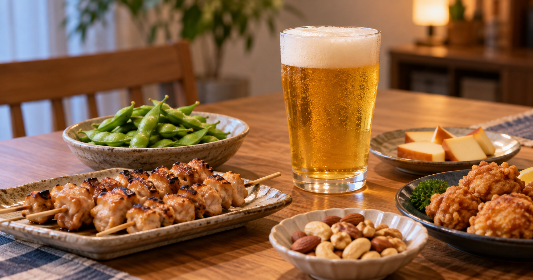 ビールと枝豆・焼き鳥・チーズ・ナッツなどのコンビニおつまみ