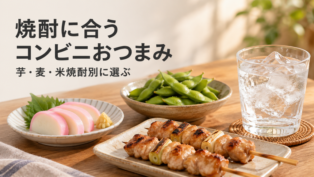 焼酎のグラスと焼き鳥・枝豆・かまぼこを並べたイメージ画像