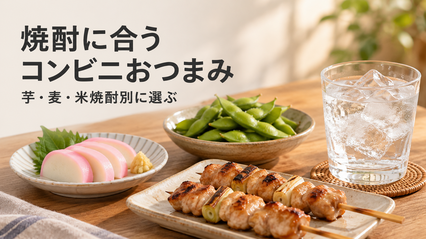 焼酎のグラスと焼き鳥・枝豆・かまぼこを並べたイメージ画像