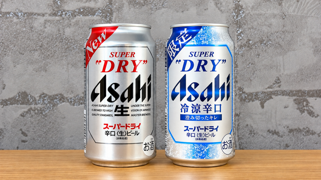 グレーの壁紙と木の天板を背景に、左にスーパードライ通常版、右に冷涼辛口の缶を並べた写真
